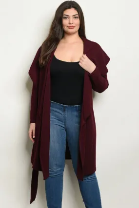 Burgundy Plus Size Long Cardigan