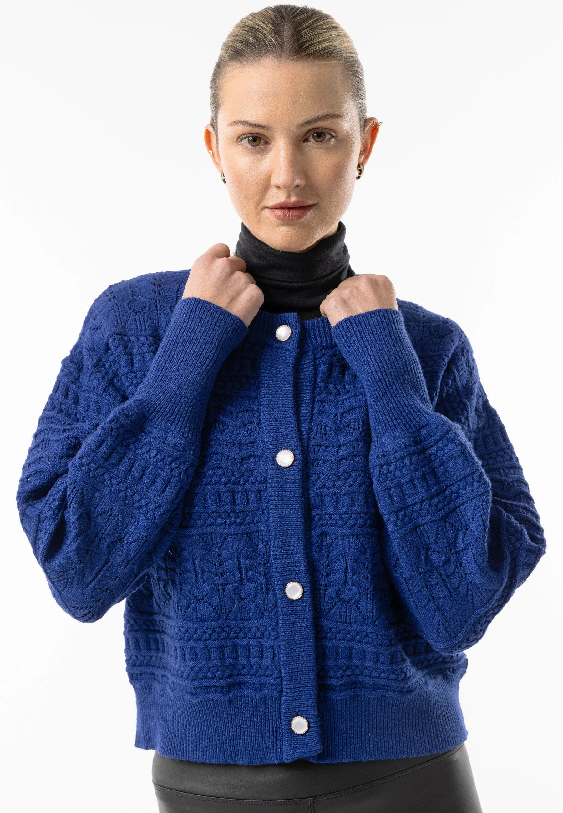 Cable Knit Crew Button Cardigan in Navy