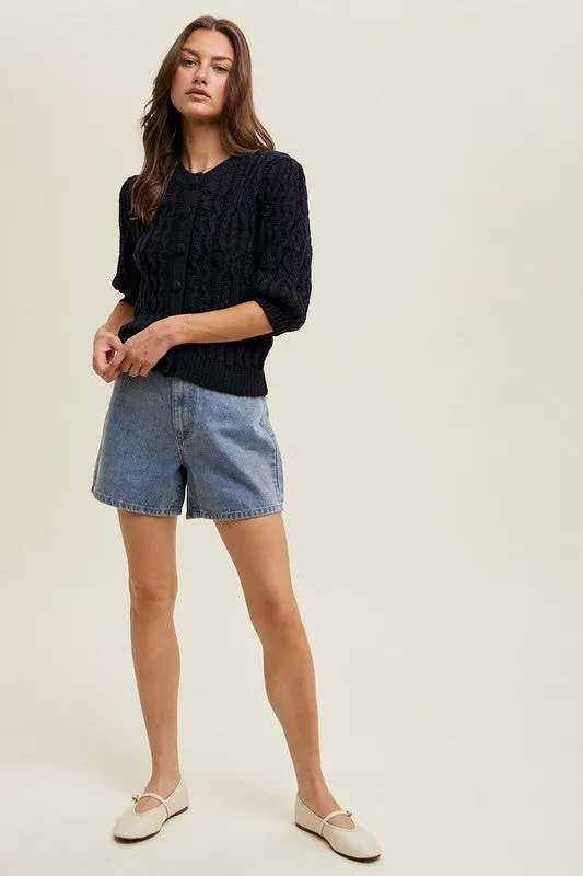 Cable Knit Puff Sleeve Cardigan - Navy