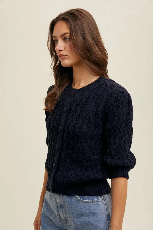 Cable Knit Puff Sleeve Cardigan - Navy