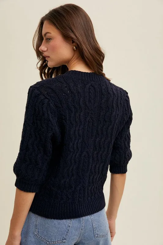 Cable Knit Puff Sleeve Cardigan - Navy