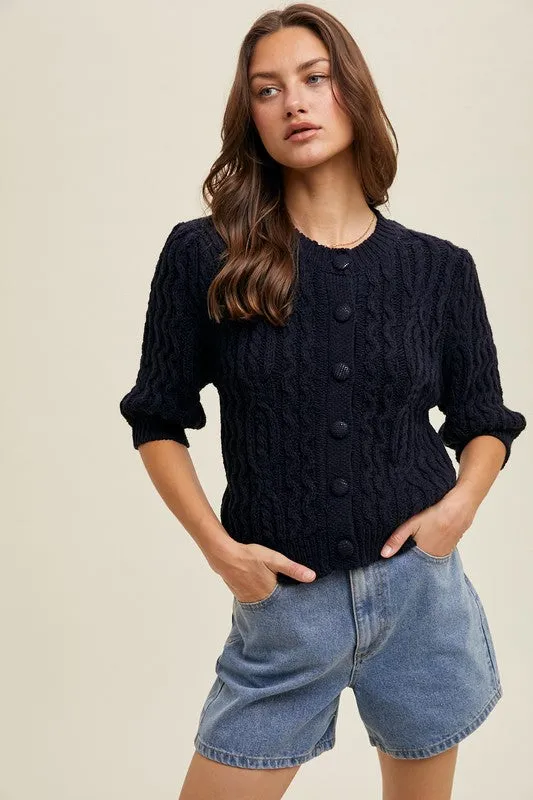 Cable Knit Puff Sleeve Cardigan - Navy