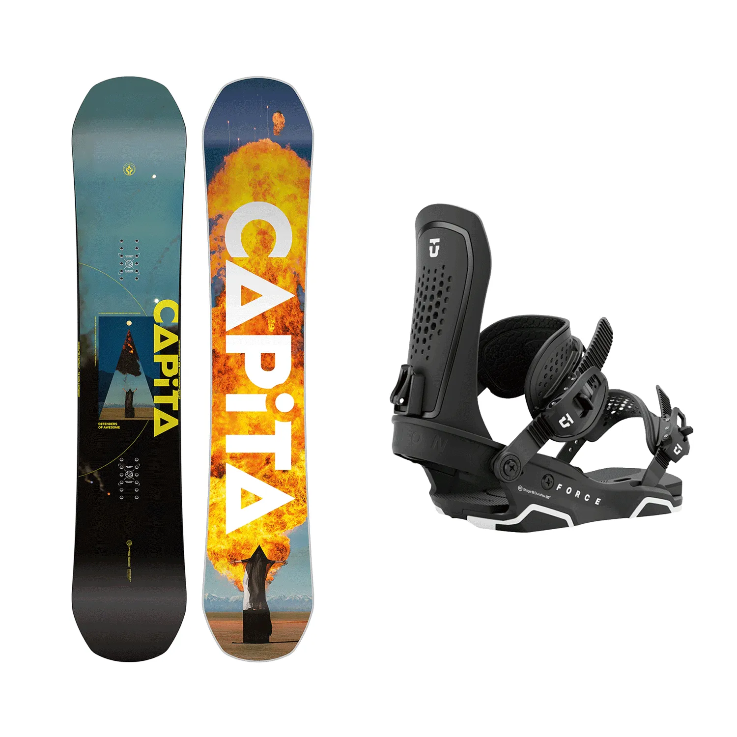 Capita Men's Defenders Of Awesome Snowboard 2025   Union Men's Force Snowboard Bindings (Black) Package