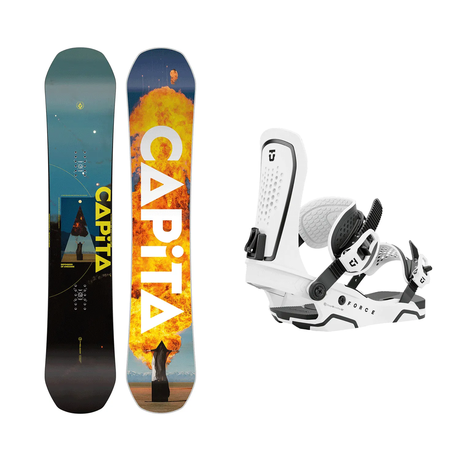 Capita Men's Defenders Of Awesome Snowboard 2025   Union Men's Force Snowboard Bindings (White) Package