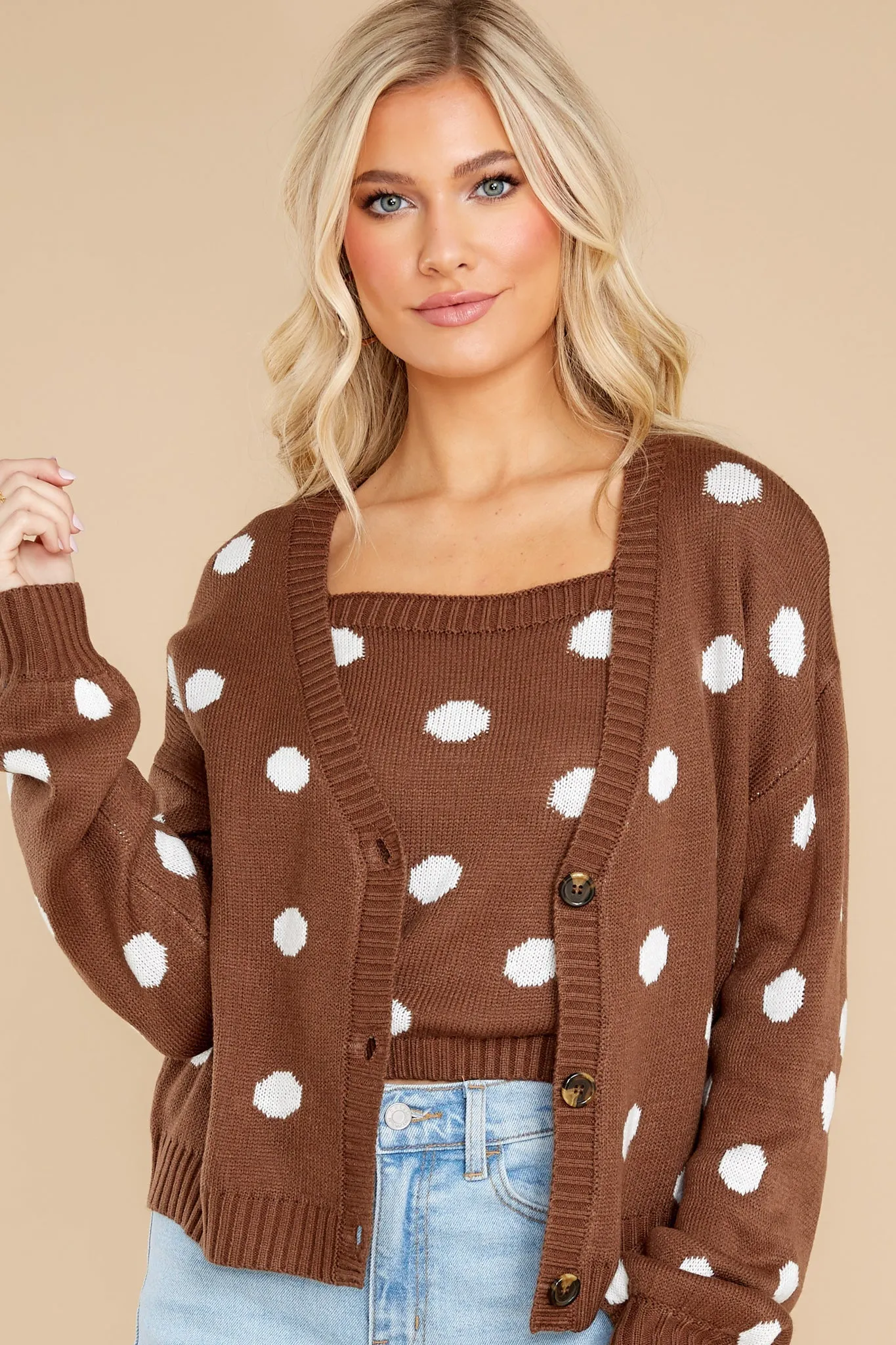 Caught My Attention Cocoa Polka Dot Cardigan