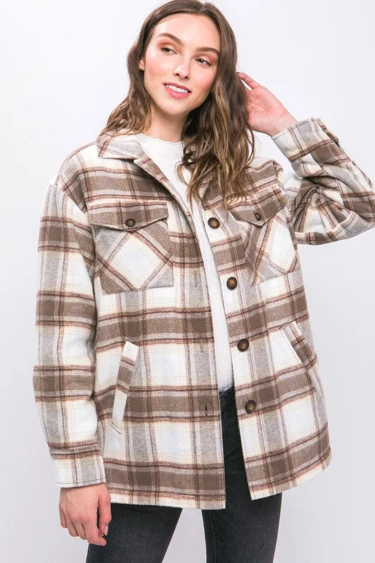 Cocoa Plaid Button Up Jacket with Sherpa Lining