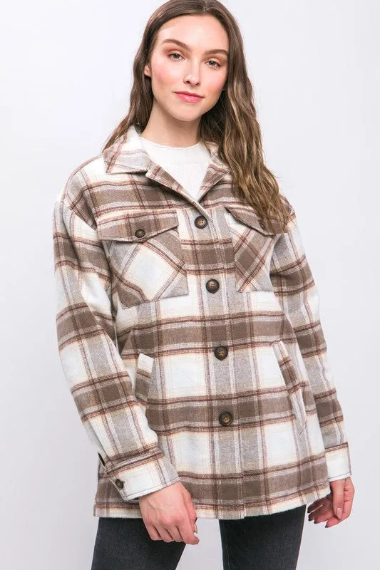 Cocoa Plaid Button Up Jacket with Sherpa Lining