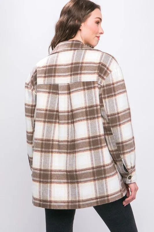 Cocoa Plaid Button Up Jacket with Sherpa Lining