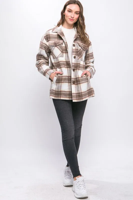 Cocoa Plaid Button Up Jacket with Sherpa Lining