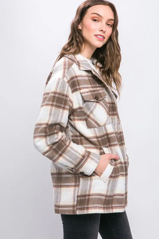 Cocoa Plaid Button Up Jacket with Sherpa Lining