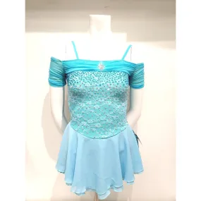 Competition Skating Dress Off Shoulder Blue Lace & Turquoise Crystals Size Youth 12-14