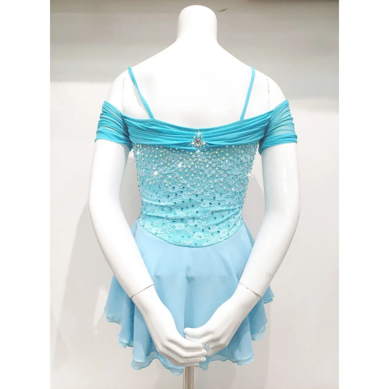 Competition Skating Dress Off Shoulder Blue Lace & Turquoise Crystals Size Youth 12-14