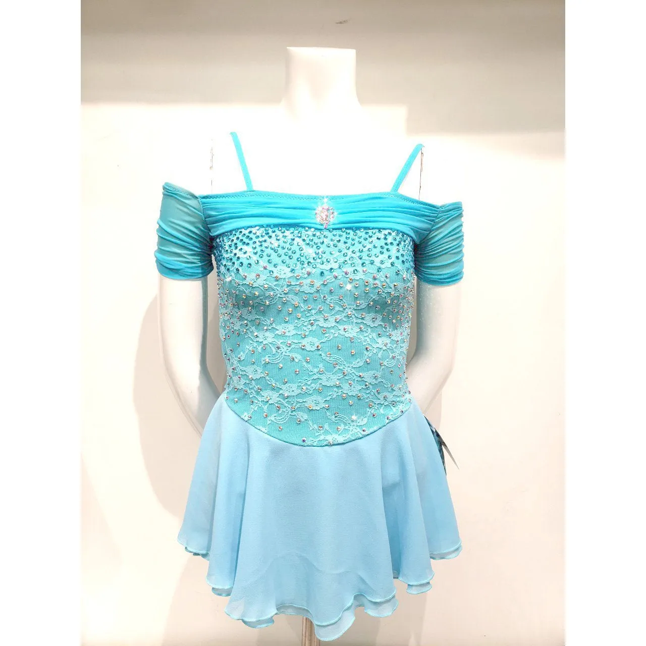 Competition Skating Dress Off Shoulder Blue Lace & Turquoise Crystals Size Youth 12-14