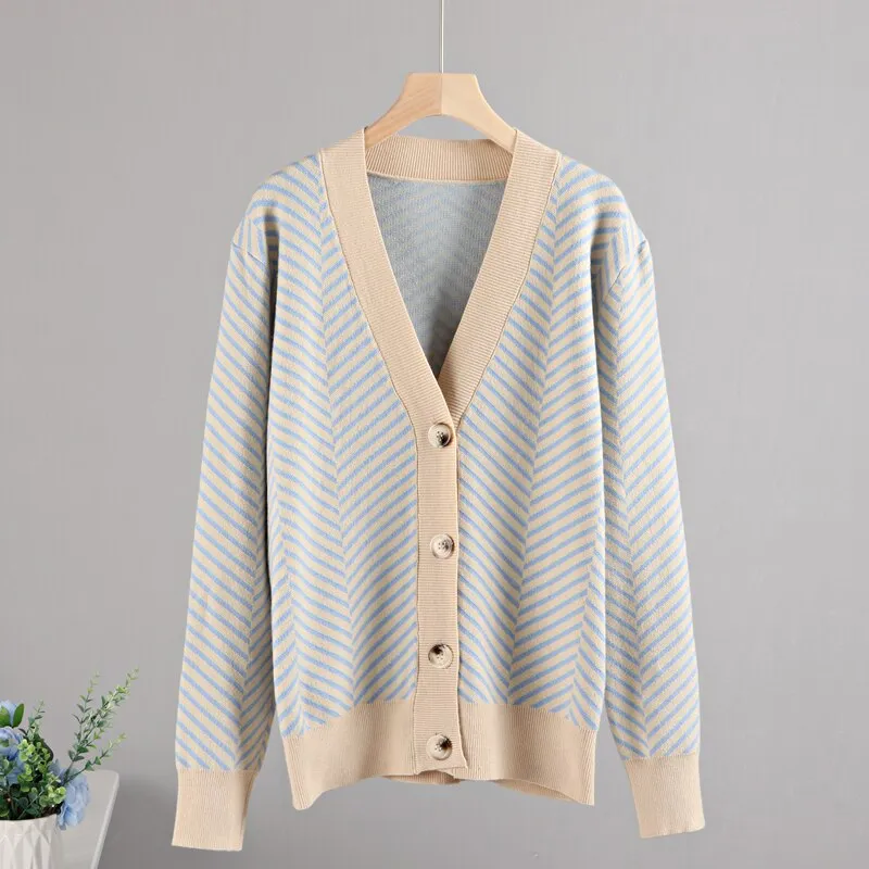 Cozy Stripe Standard Collar Cardigan