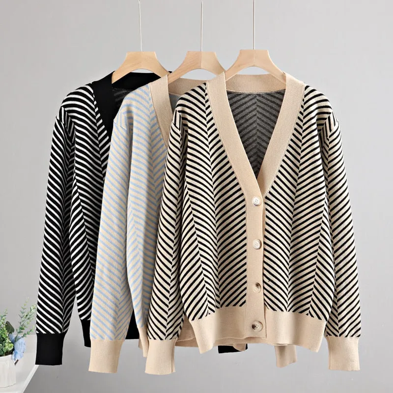 Cozy Stripe Standard Collar Cardigan