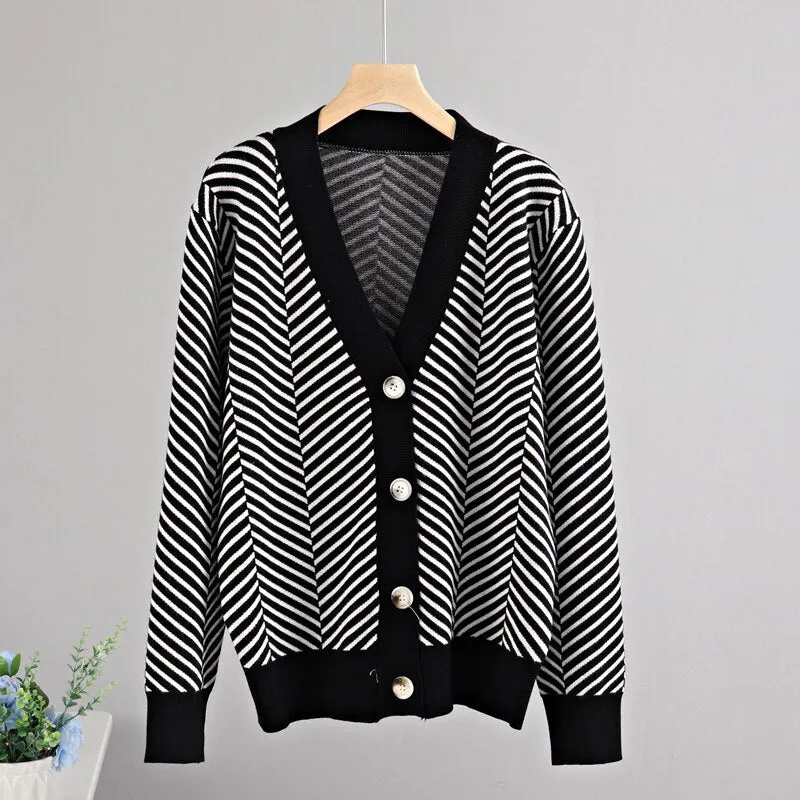 Cozy Stripe Standard Collar Cardigan