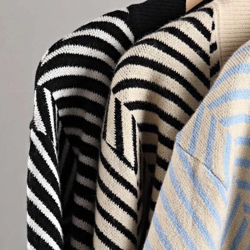 Cozy Stripe Standard Collar Cardigan