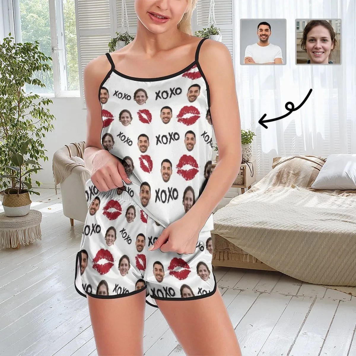 Custom Husband Face Nightwear Personalized XOXO Red Lips Women's Pajama Set For Wife or Girlfriend