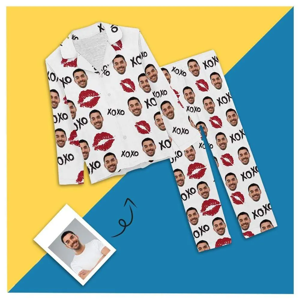 Custom Husband Face Nightwear Personalized XOXO Red Lips Women's Pajama Set For Wife or Girlfriend