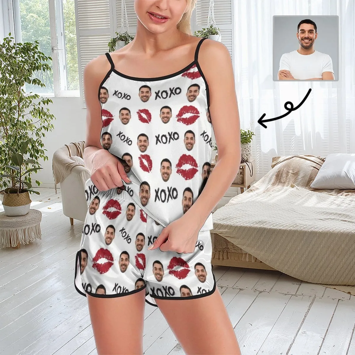 Custom Husband Face Nightwear Personalized XOXO Red Lips Women's Pajama Set For Wife or Girlfriend