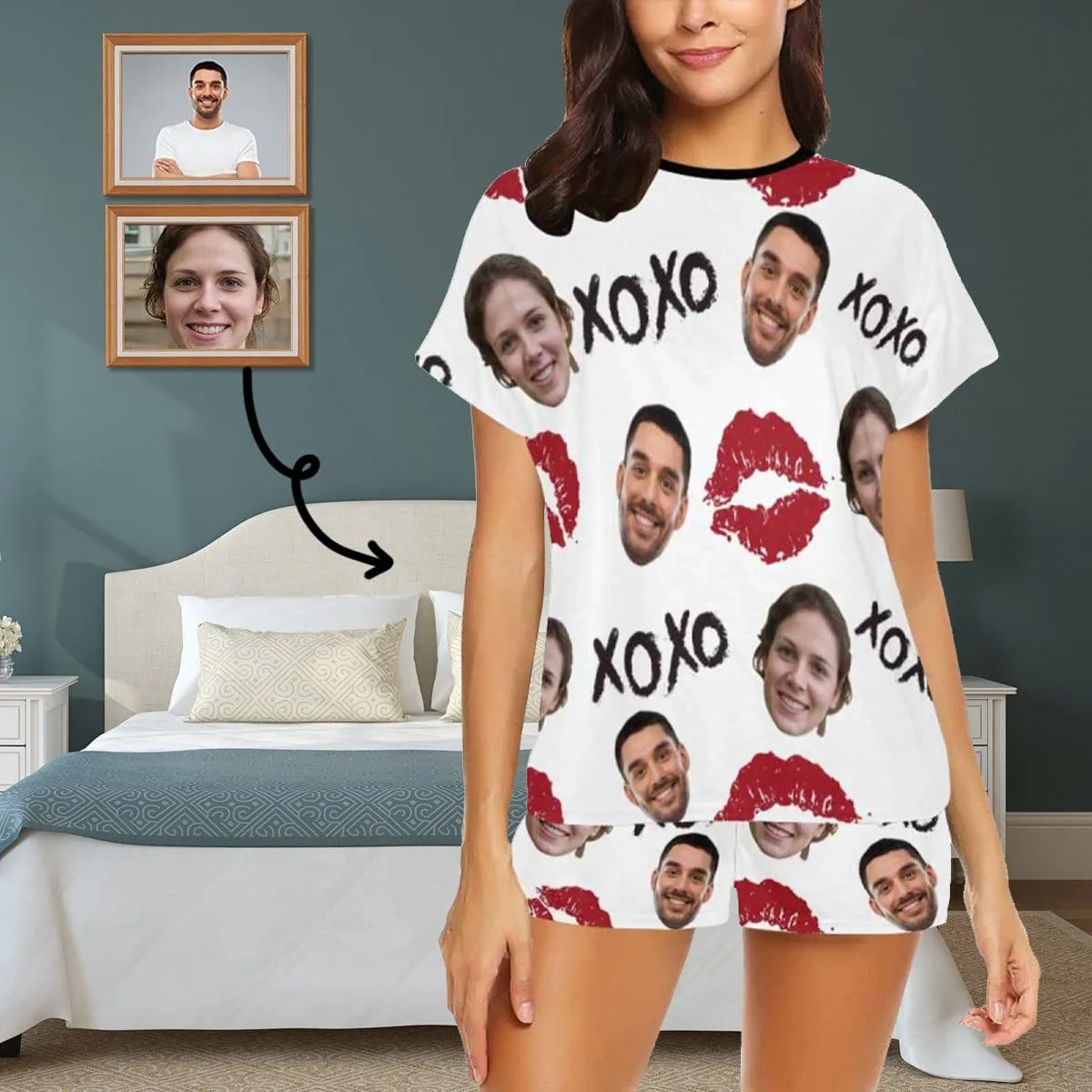 Custom Husband Face Nightwear Personalized XOXO Red Lips Women's Pajama Set For Wife or Girlfriend