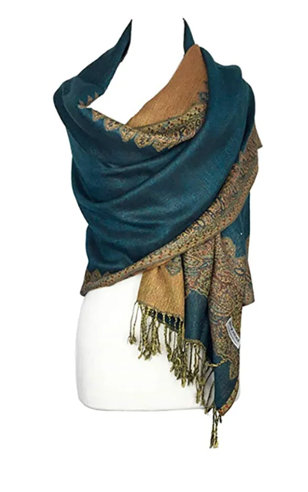 DB003-05 Teal Border Print Pashmina Scarf