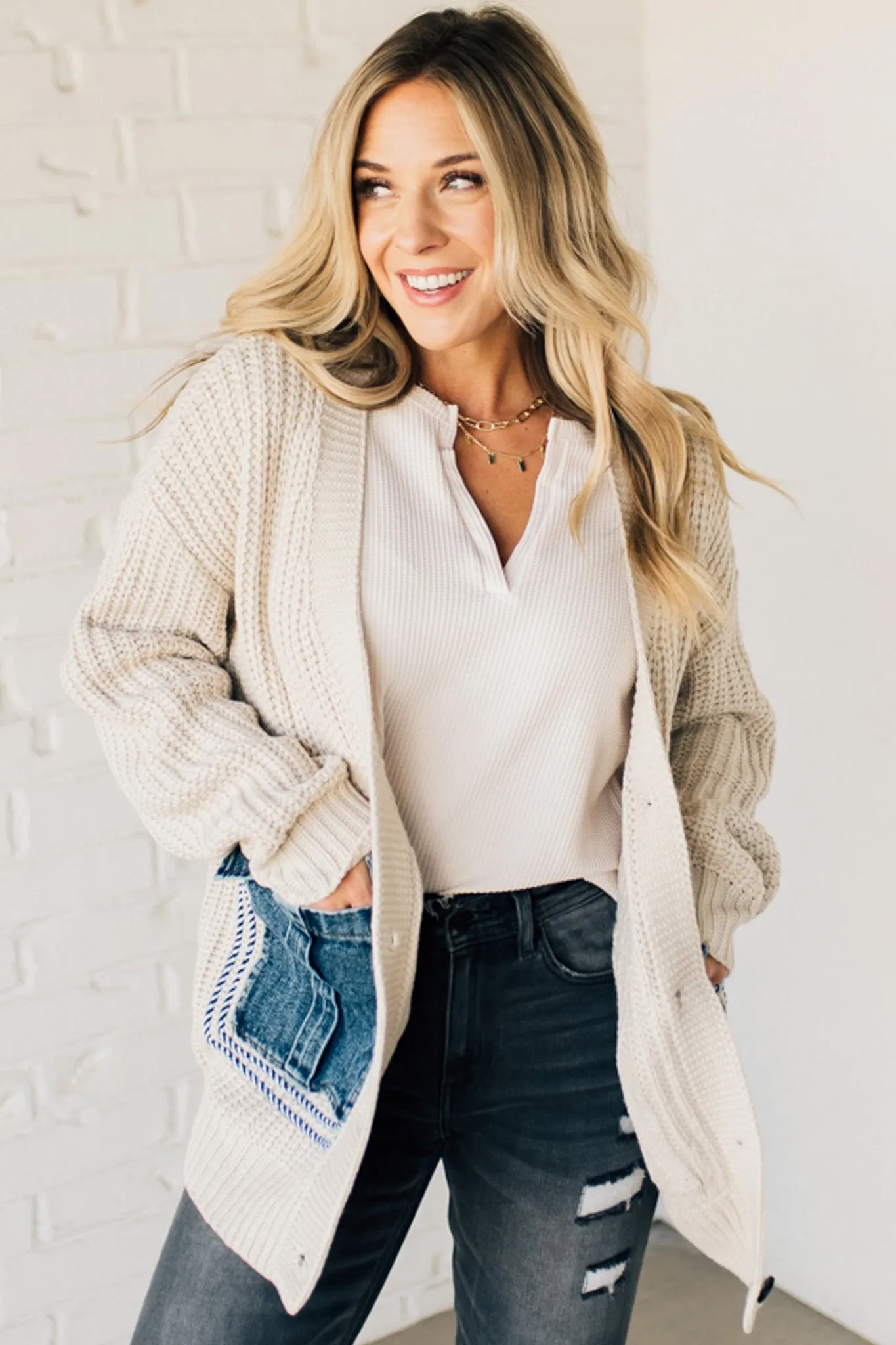 Denim Pocket Chunky Sweater