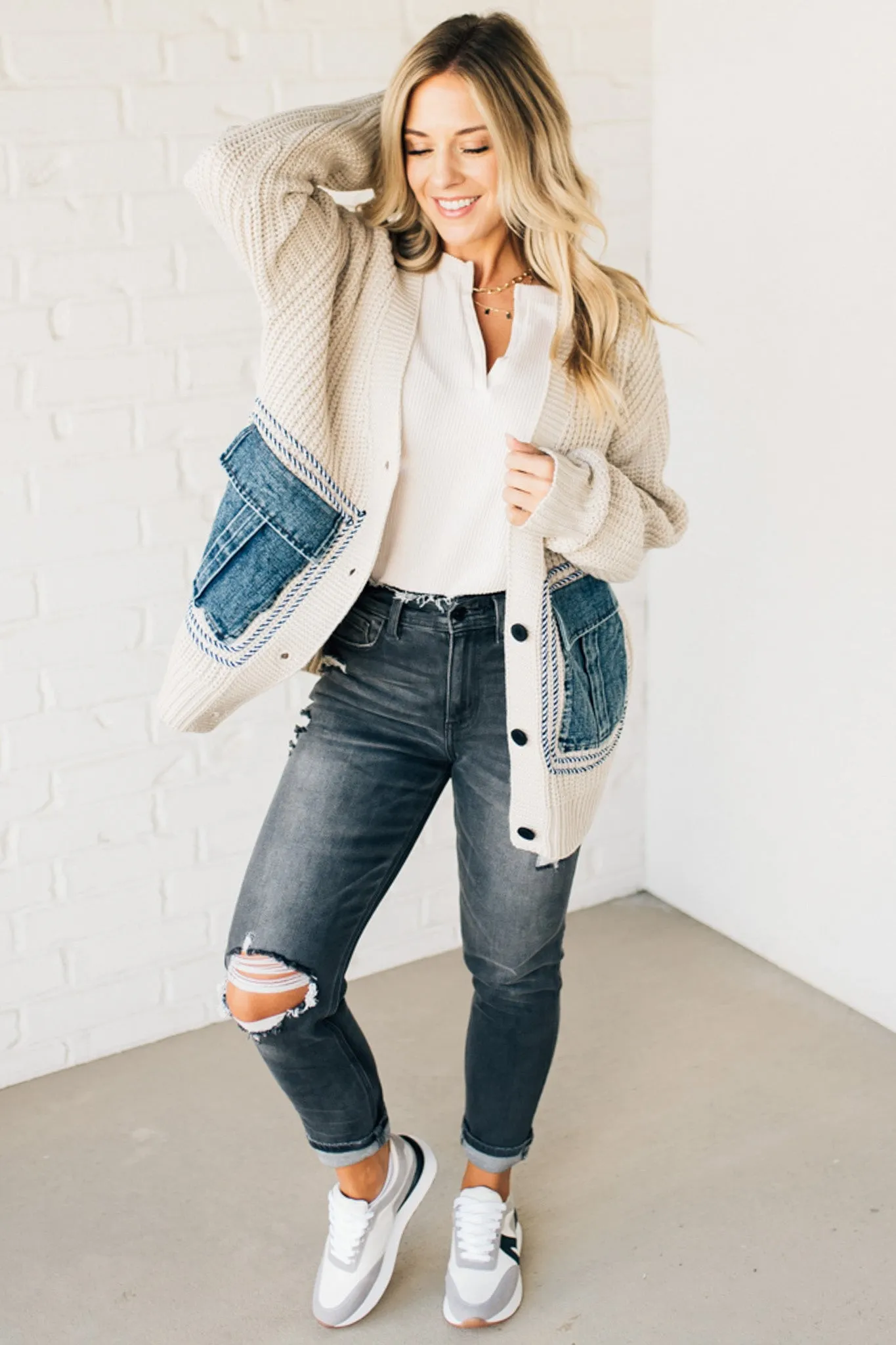 Denim Pocket Chunky Sweater