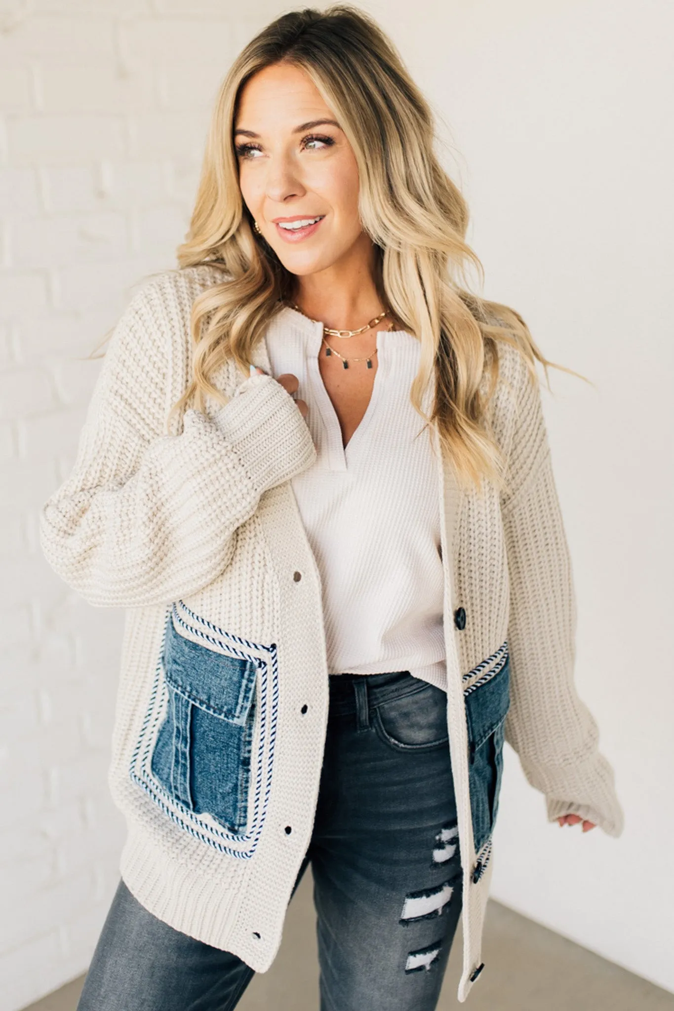 Denim Pocket Chunky Sweater