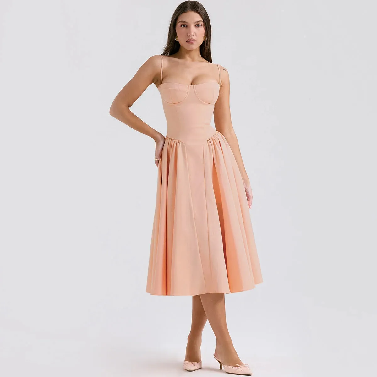 Dropshipping Pink Summer Dress 2024 New Arrivals Spaghetti Strap Elegant Midi Dress Fit and Flare Dress Sexy Women's Clothing