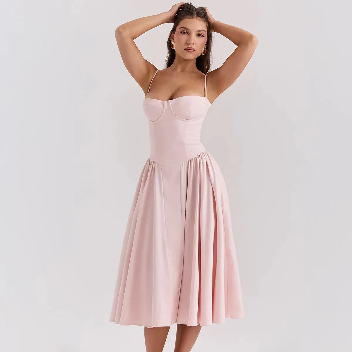 Dropshipping Pink Summer Dress 2024 New Arrivals Spaghetti Strap Elegant Midi Dress Fit and Flare Dress Sexy Women's Clothing