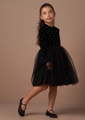 Elsie Black Beaded Velvet Tuelle Dress