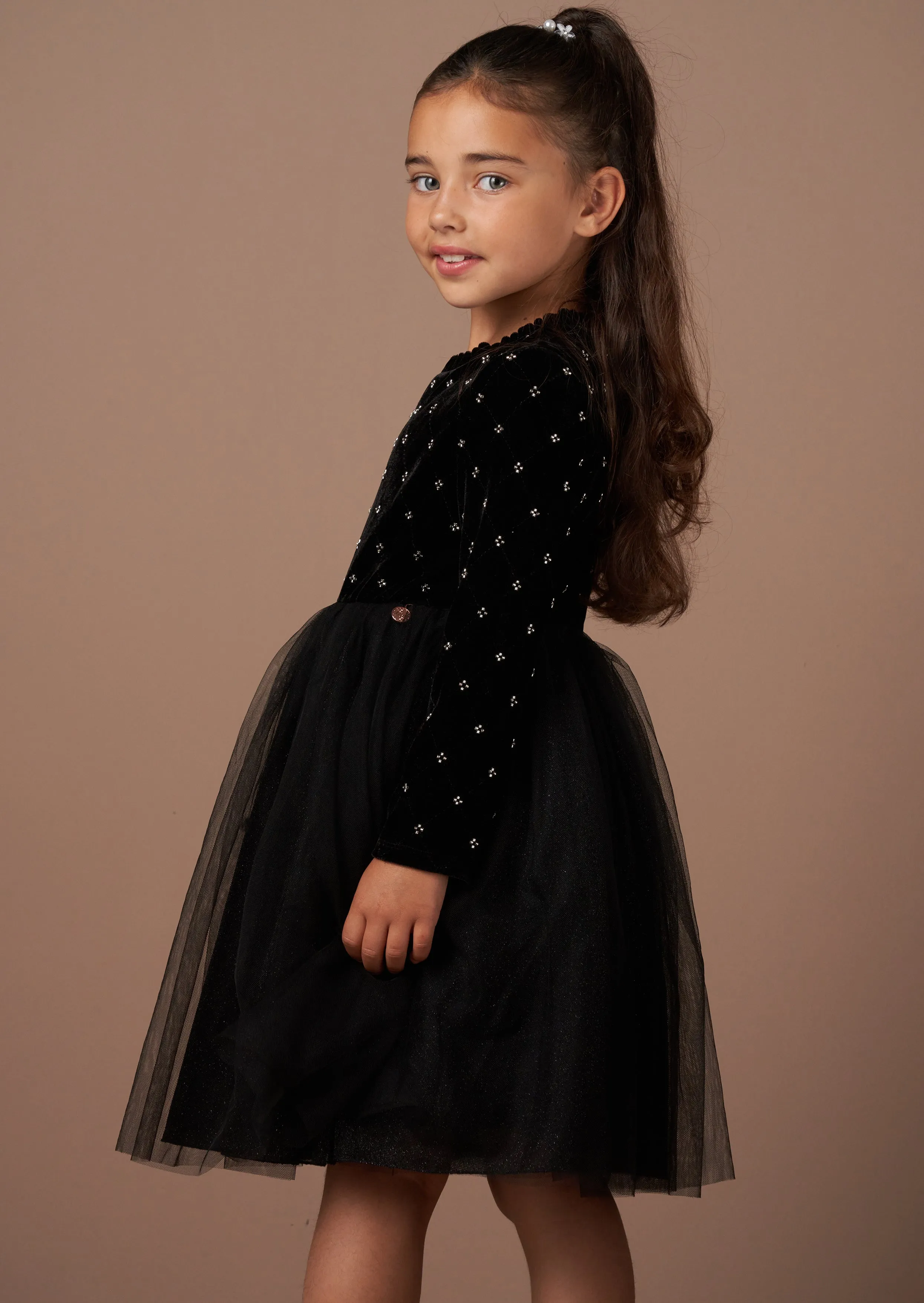 Elsie Black Beaded Velvet Tuelle Dress