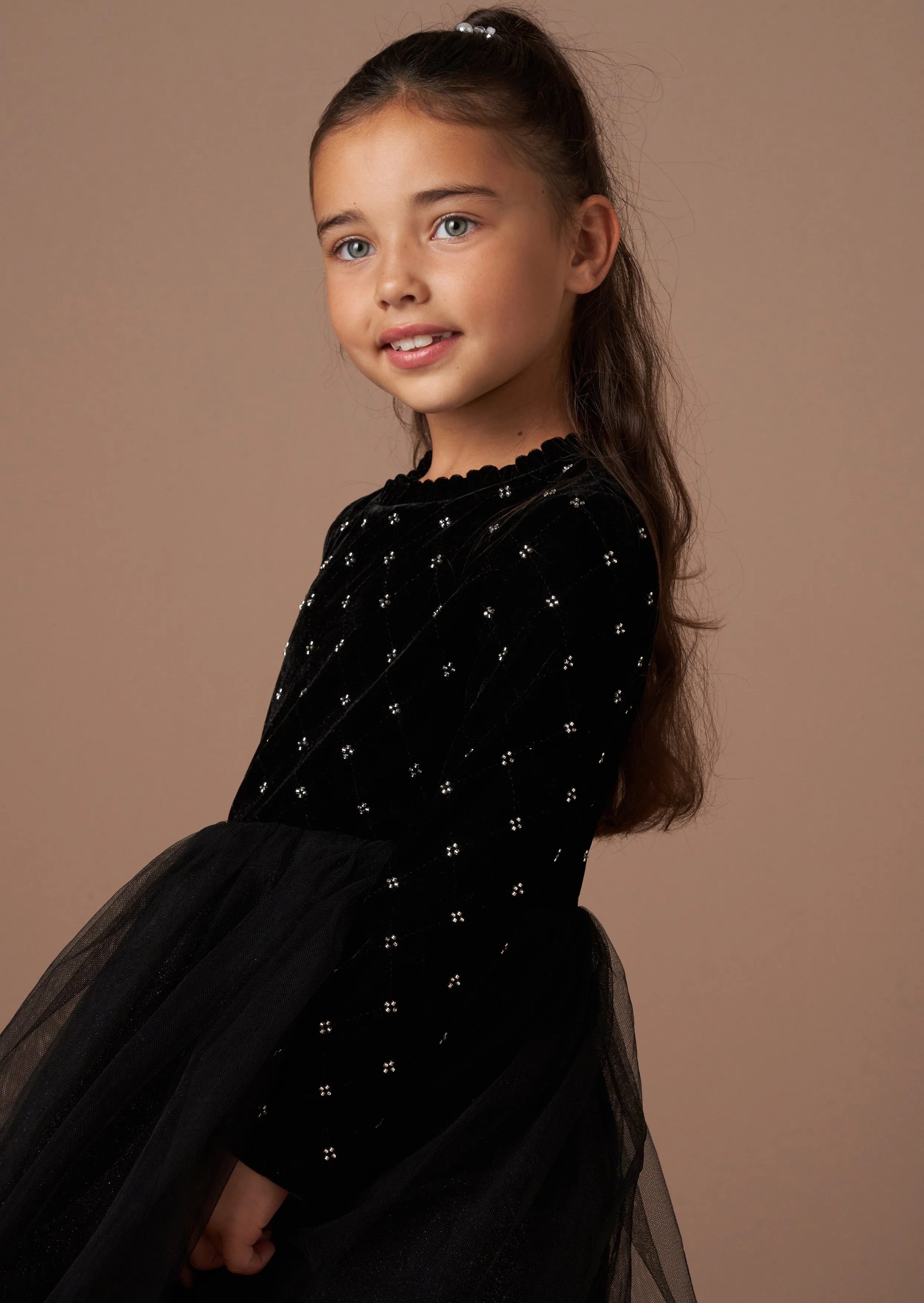 Elsie Black Beaded Velvet Tuelle Dress