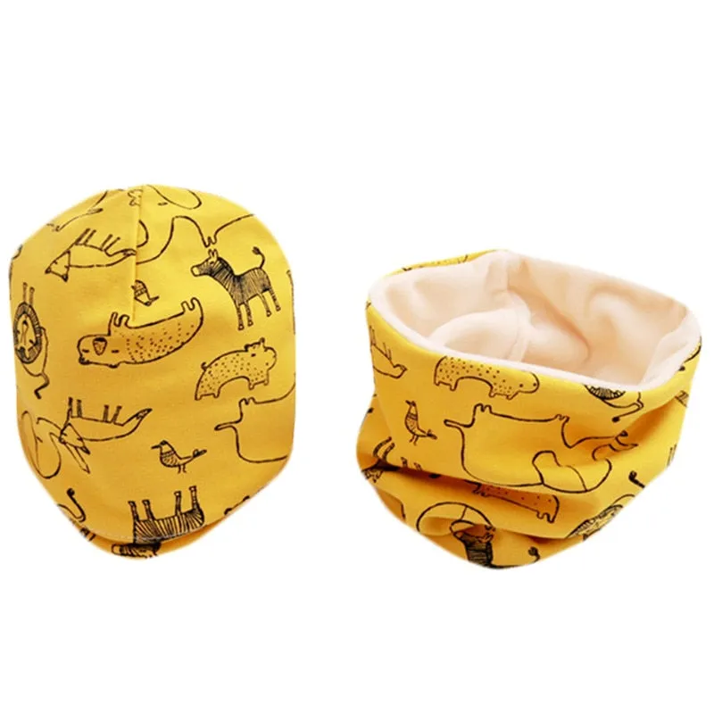 Fashion Baby Cap Set Cartoon Owl Stars Baby Head Cover Spring Warm Neck Collar Kids Beanies Sets Cotton Children Hats Scarf