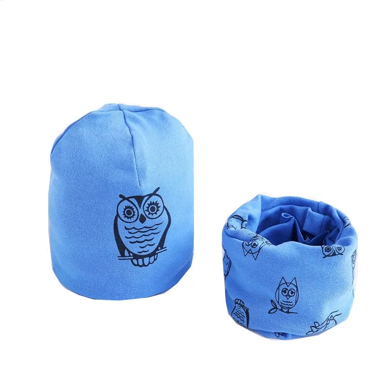 Fashion Baby Cap Set Cartoon Owl Stars Baby Head Cover Spring Warm Neck Collar Kids Beanies Sets Cotton Children Hats Scarf