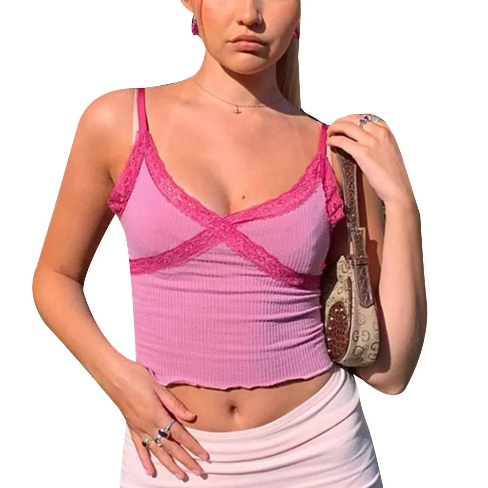 Fashionkova  Lace Y2k Crop Tops For Women Pink E Girl Sexy Camisole Bodycon Sleeveless 90S Aesthetic Tops Cyber Y2k Streetwear