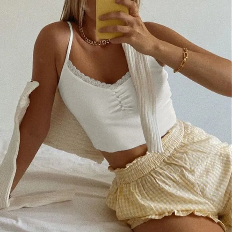 Fashionkova  Streetwear Lace Patchwork Summer White Tank Top Women Home Y2K Fashion Leisure Outfit Basic Casual Crop Tops Kawaii Clothes