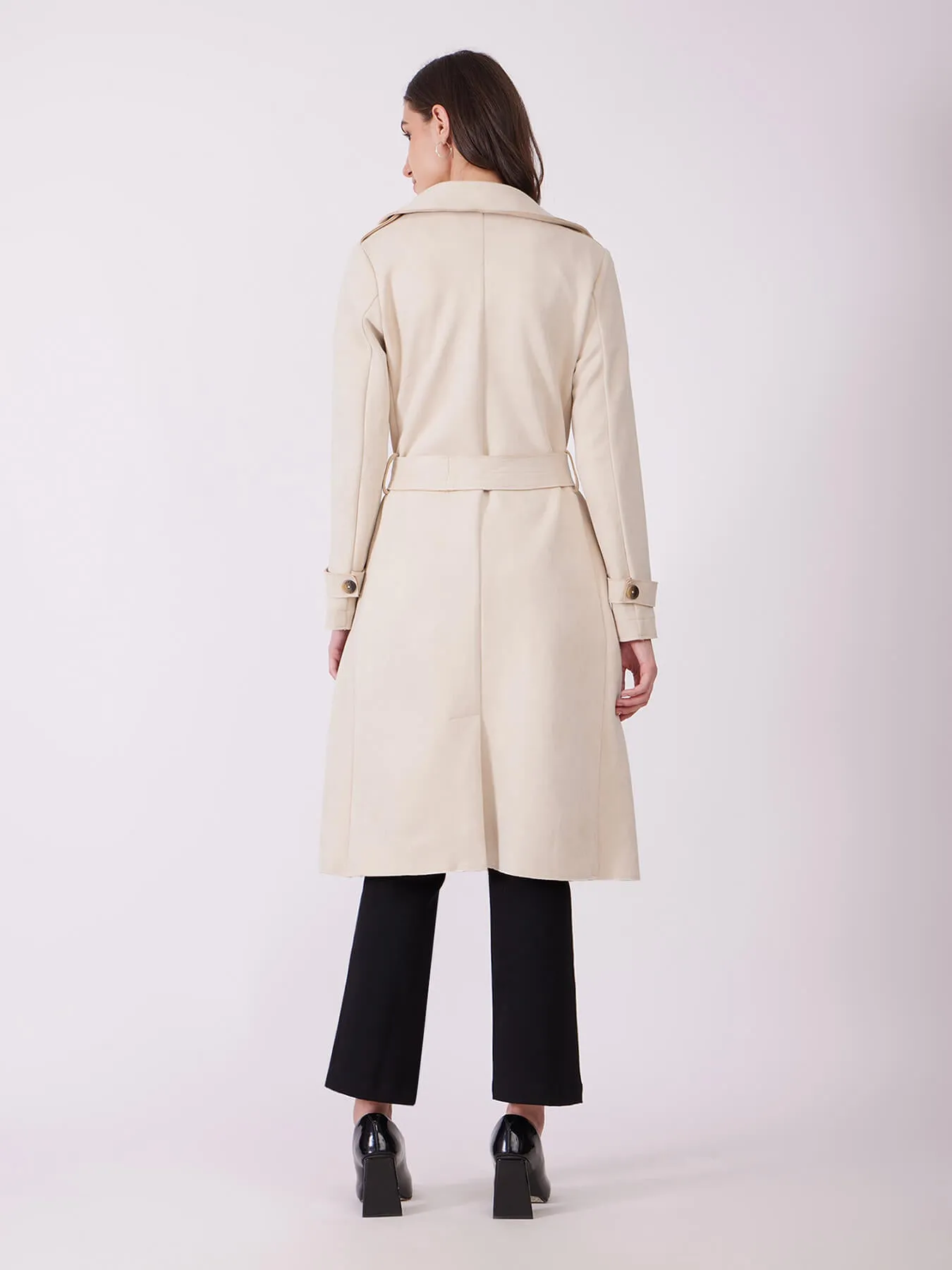 Faux Suede Double Breasted Overcoat - Beige