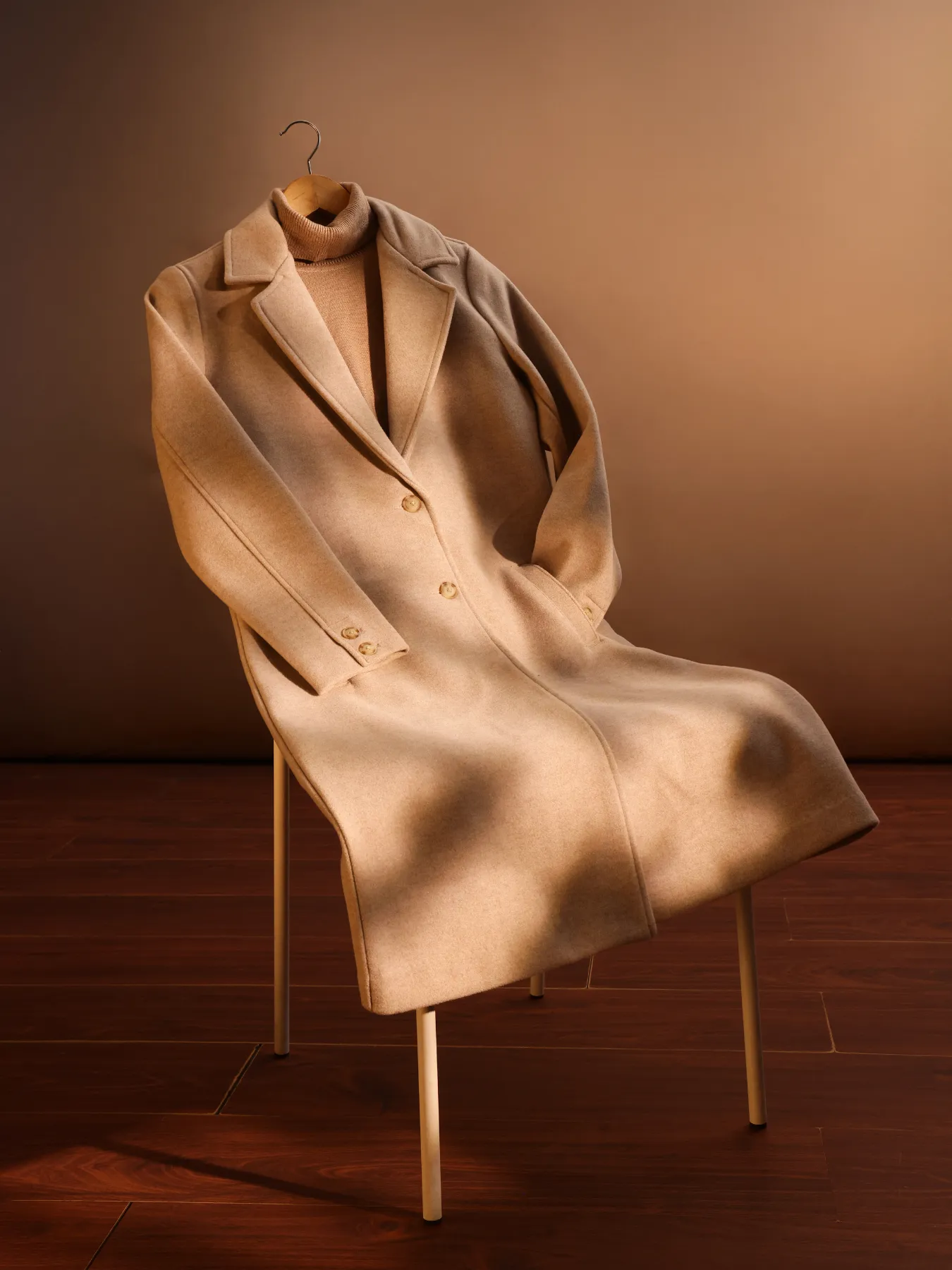 Faux Suede Double Breasted Overcoat - Beige