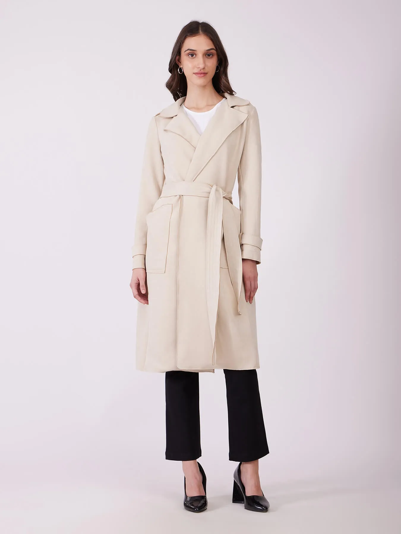 Faux Suede Double Breasted Overcoat - Beige