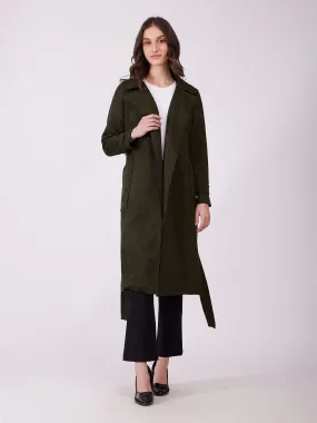 Faux Suede Double Breasted Overcoat - Olive