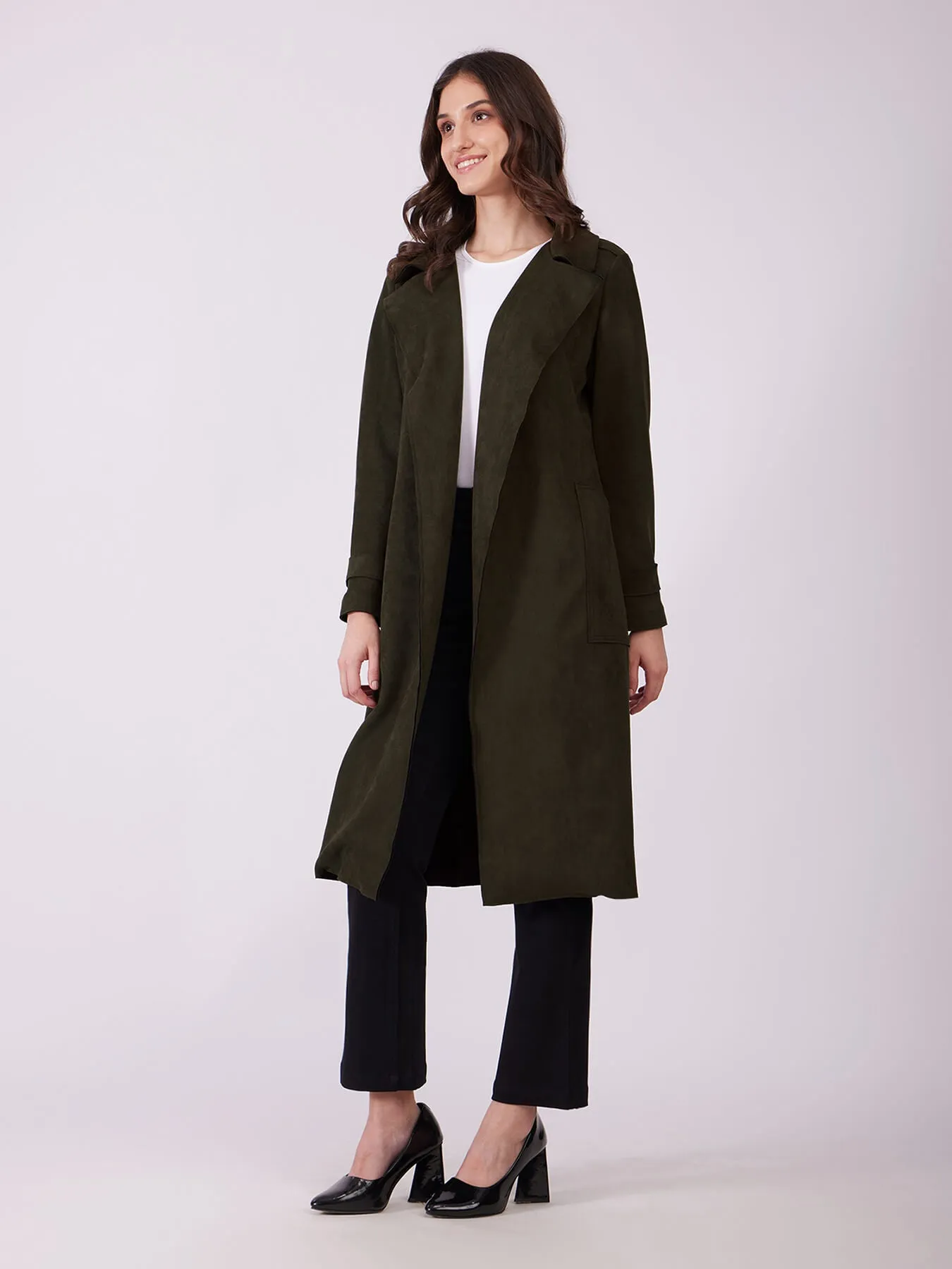 Faux Suede Double Breasted Overcoat - Olive