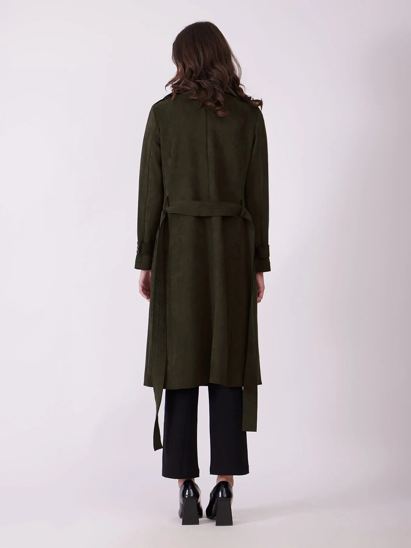 Faux Suede Double Breasted Overcoat - Olive