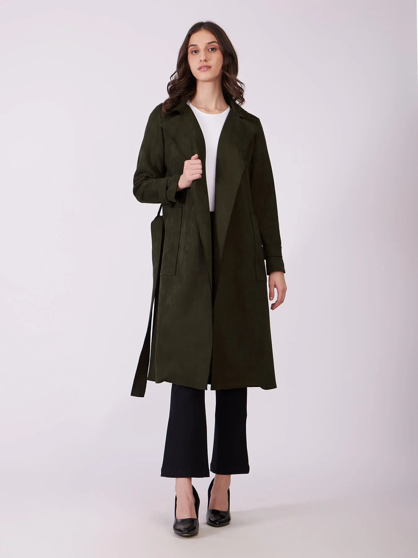 Faux Suede Double Breasted Overcoat - Olive