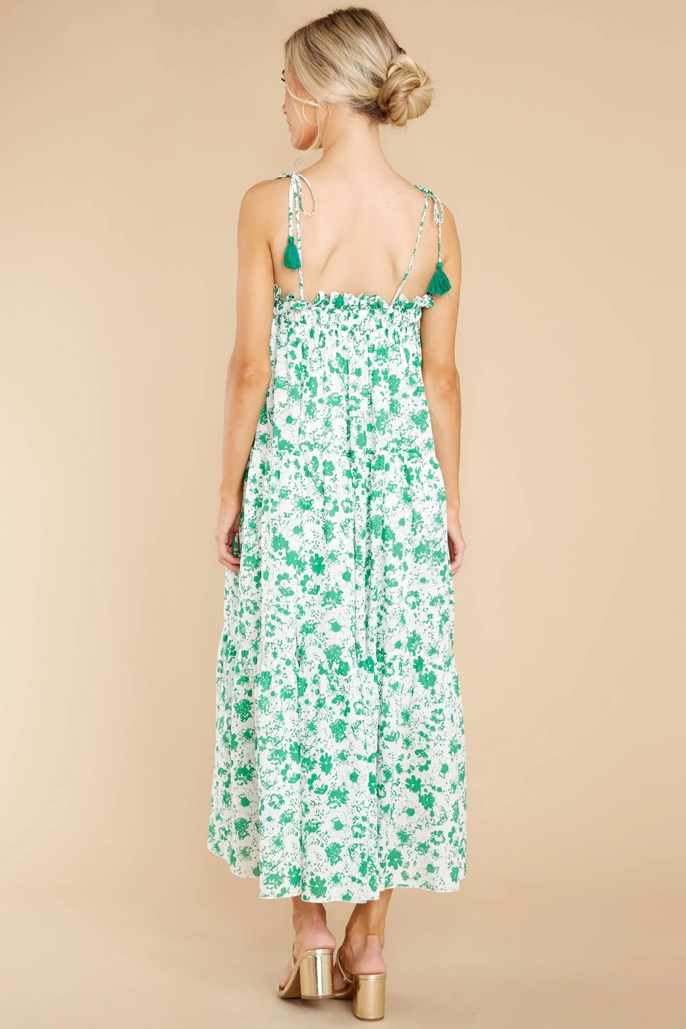 Feel The Breeze White And Green Floral Print Midi Dress