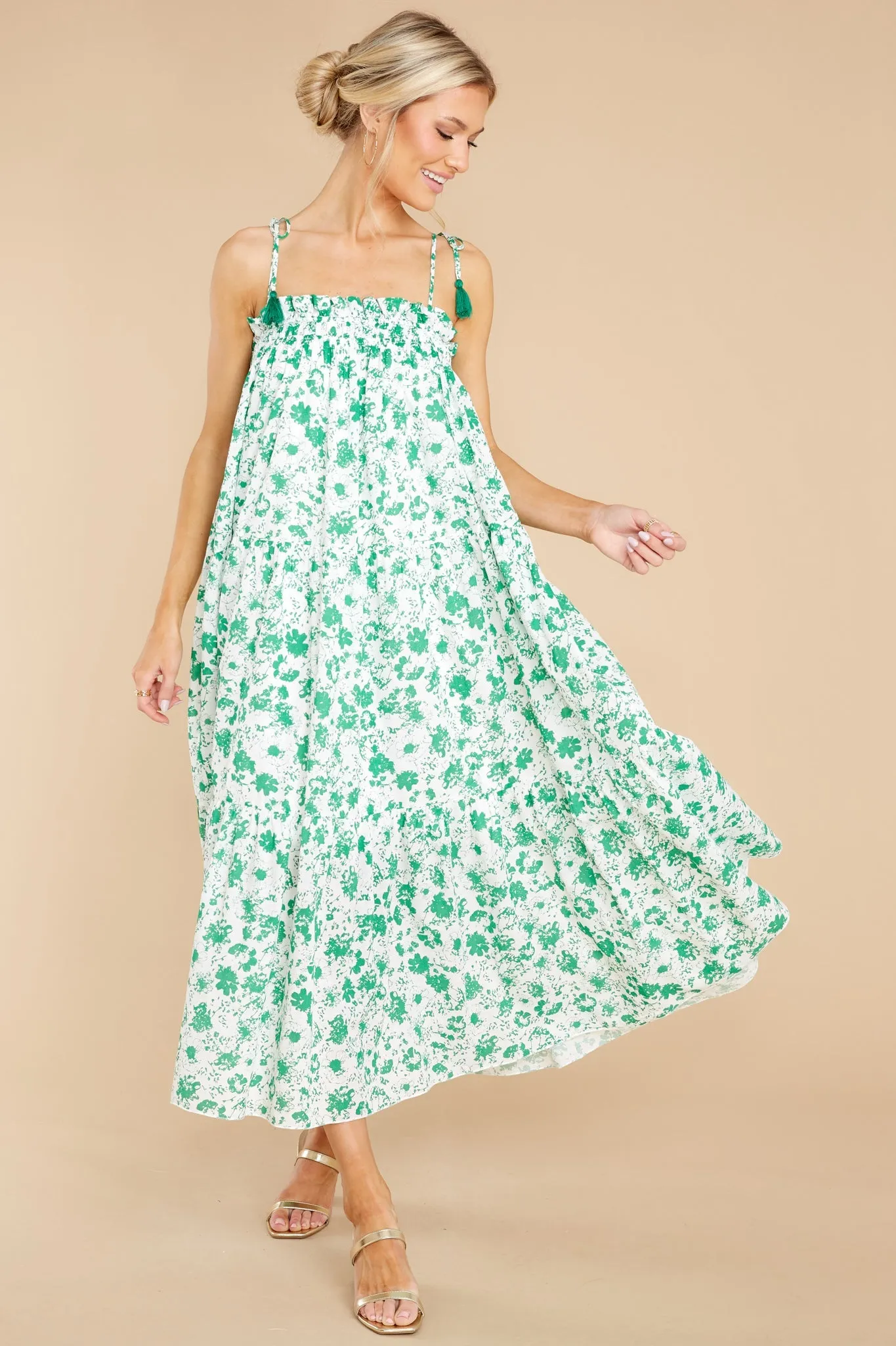 Feel The Breeze White And Green Floral Print Midi Dress