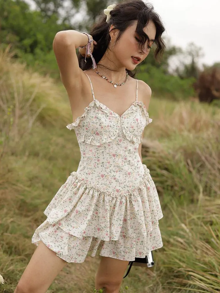 French Romantic Strap Floral Printing Summer Fashion Chic Ruffles Pleated Dress Mini Double Layer Dress