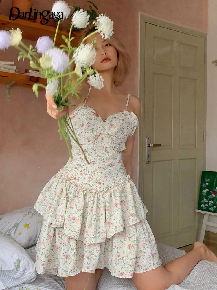 French Romantic Strap Floral Printing Summer Fashion Chic Ruffles Pleated Dress Mini Double Layer Dress