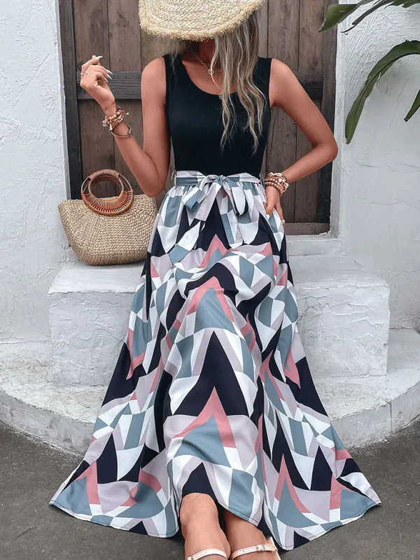 Geometric Print Panel Sleeveless Dress